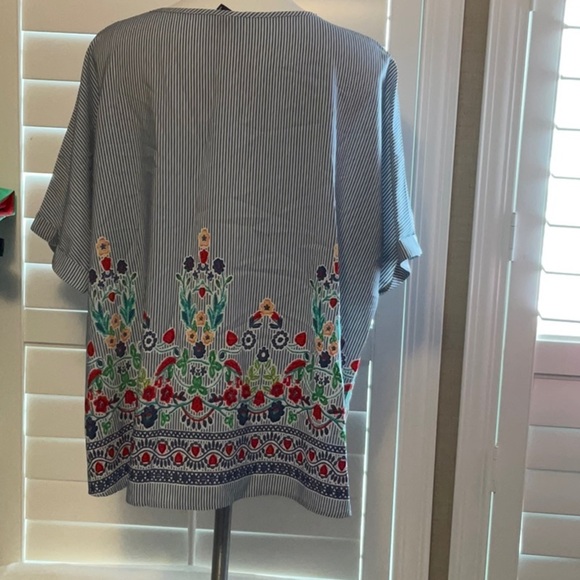 Blue Striped Floral Embroidered Women's Top - Picture 4 of 11